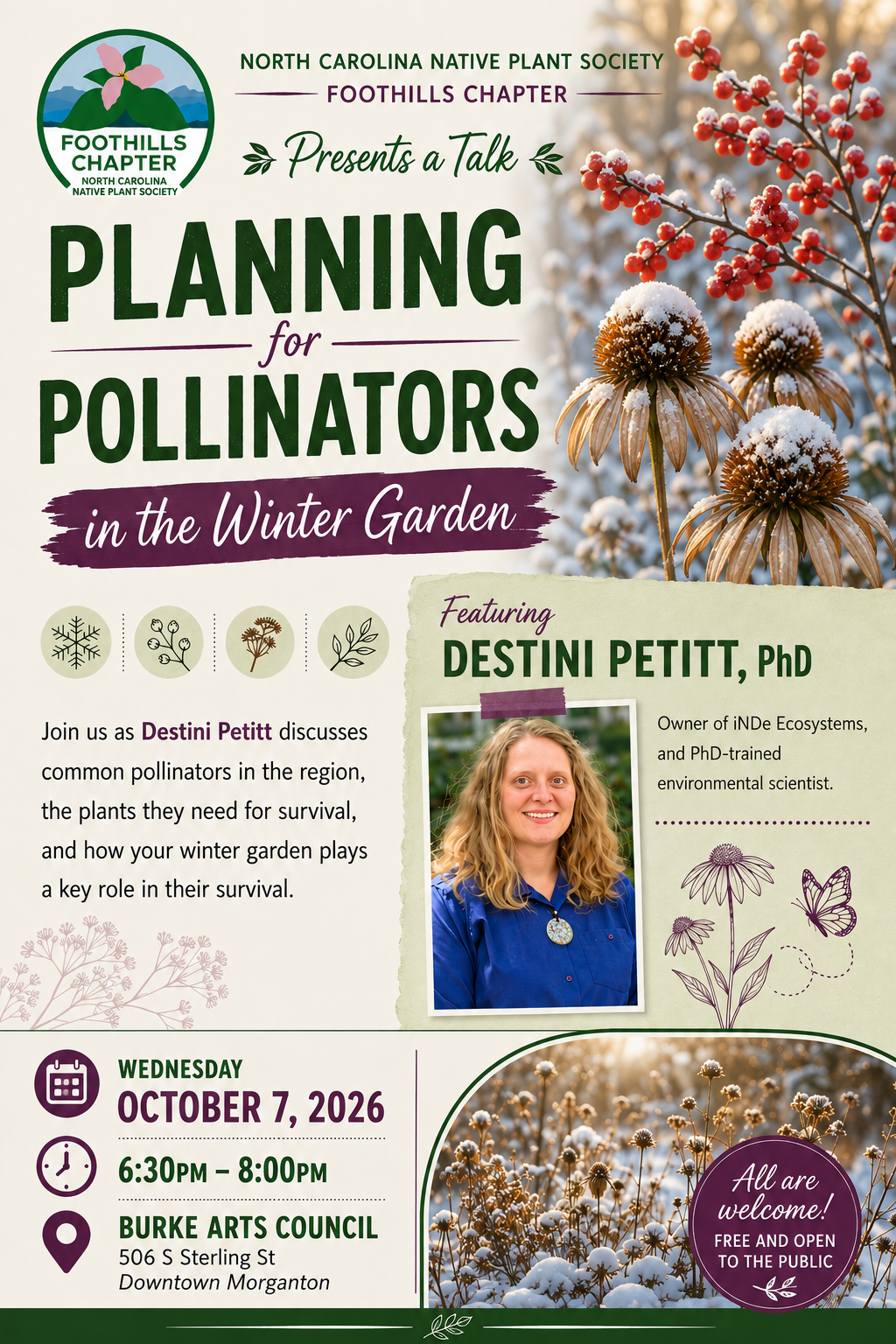 Advertisement describing the Planning for Pollinators talk by Dr. Destini Petitt