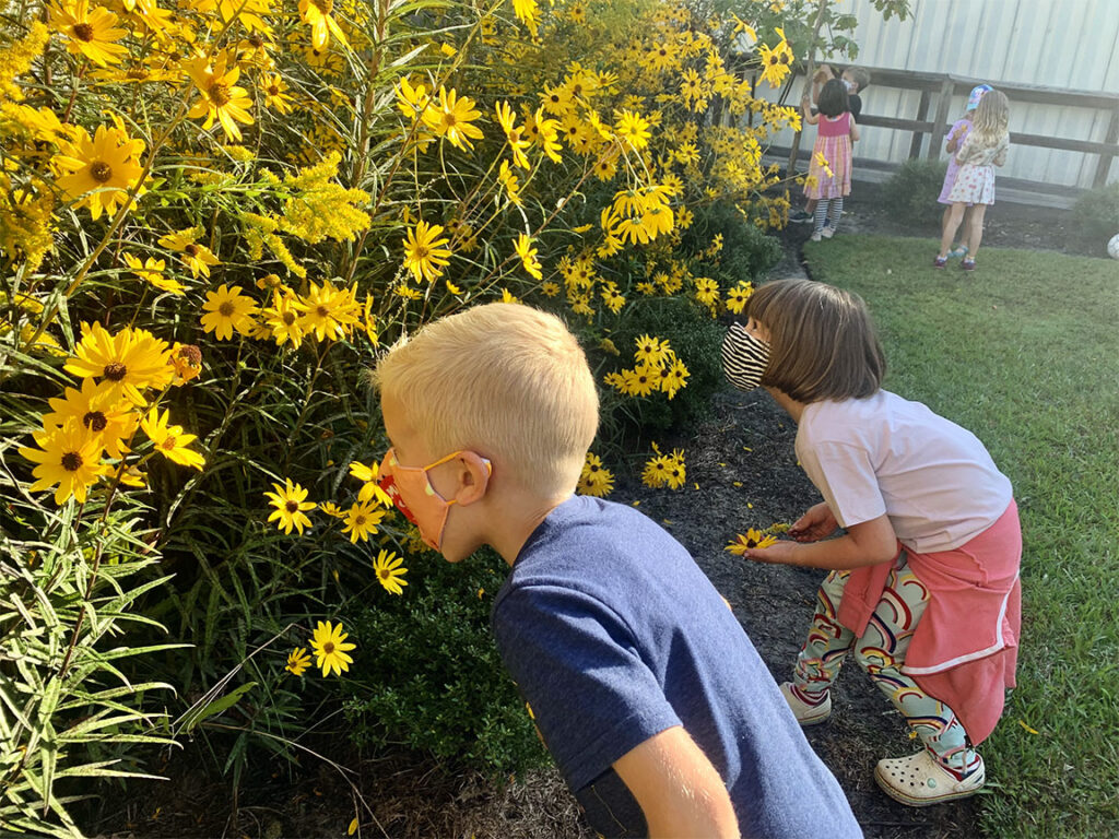 Kids smelling tall flowers